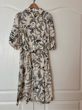 C Cream and Black Floral Midi Shirt Dress